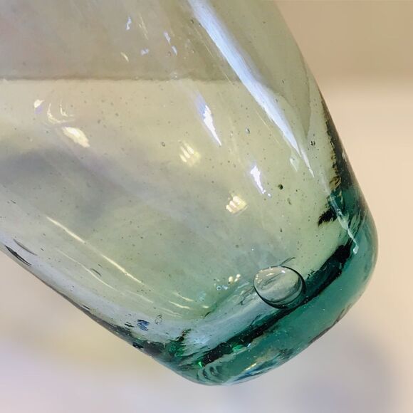 Green Tint Cobalt Blue Rim Bubbled Blown Art Glass Bud Vase - Picture 11 of 16